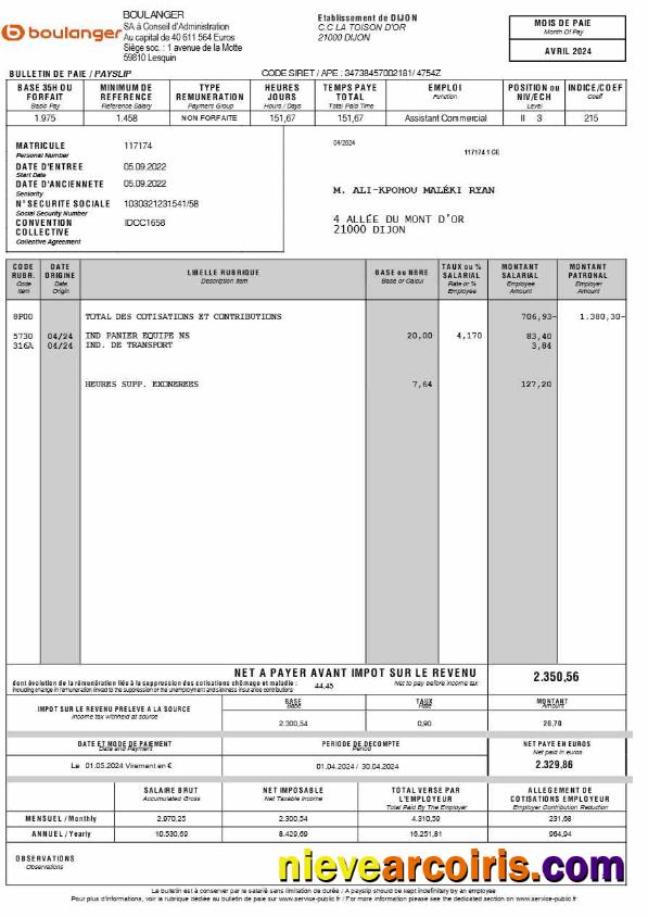 Boulanger payslip (in French language) 2